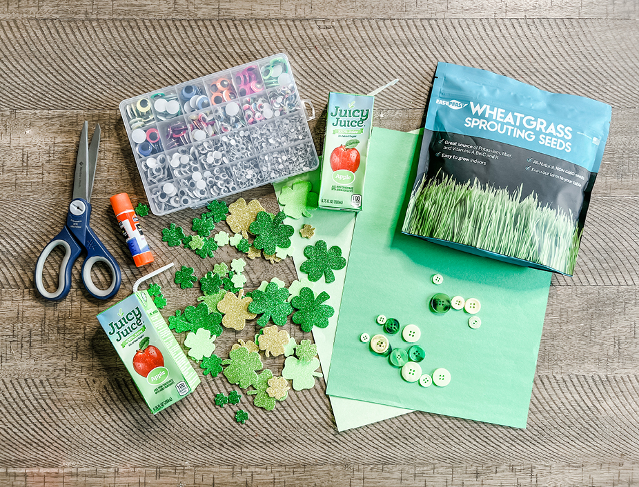 All of the St. Patricks day creature supplies. Including a Juicy Juice Box (6.75 oz), Construction Paper, Googly Eyes, Shamrock Stickers, Green Buttons, Wheatgrass Seeds (or fully grown Wheatgrass), Soil, Scissors, and a Glue Stick.