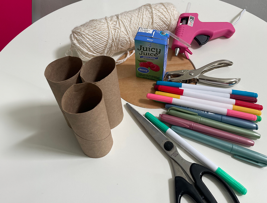 Bonoculars craft supplies including Paper Rolls Markers Hole Punch String Scissors (adult assistance) Hot Glue Gun (adults only)