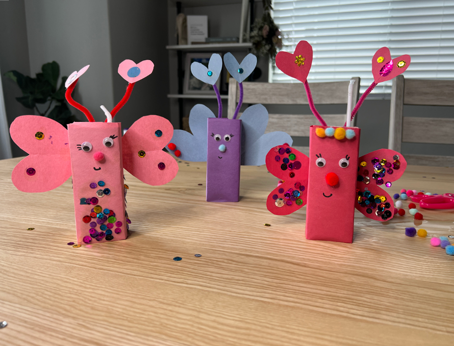 completed pink, purple, and red love bugs.