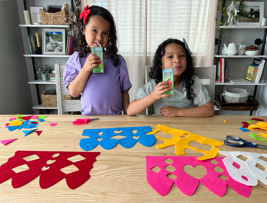 kids drinking juicy juice cutting felt for cinco de mayo